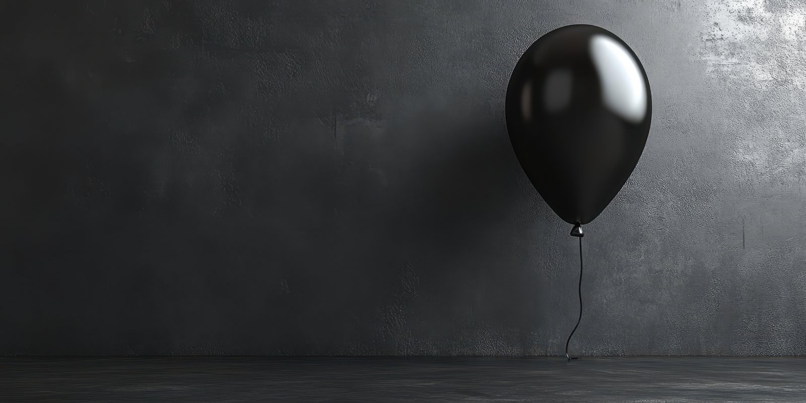 Black balloon stands alone against a textured dark wall in a minimalist setting